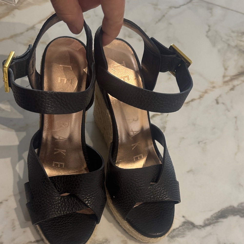 Ted Baker Black Leather Espadrille Wedge Sandals with Gold Buckles